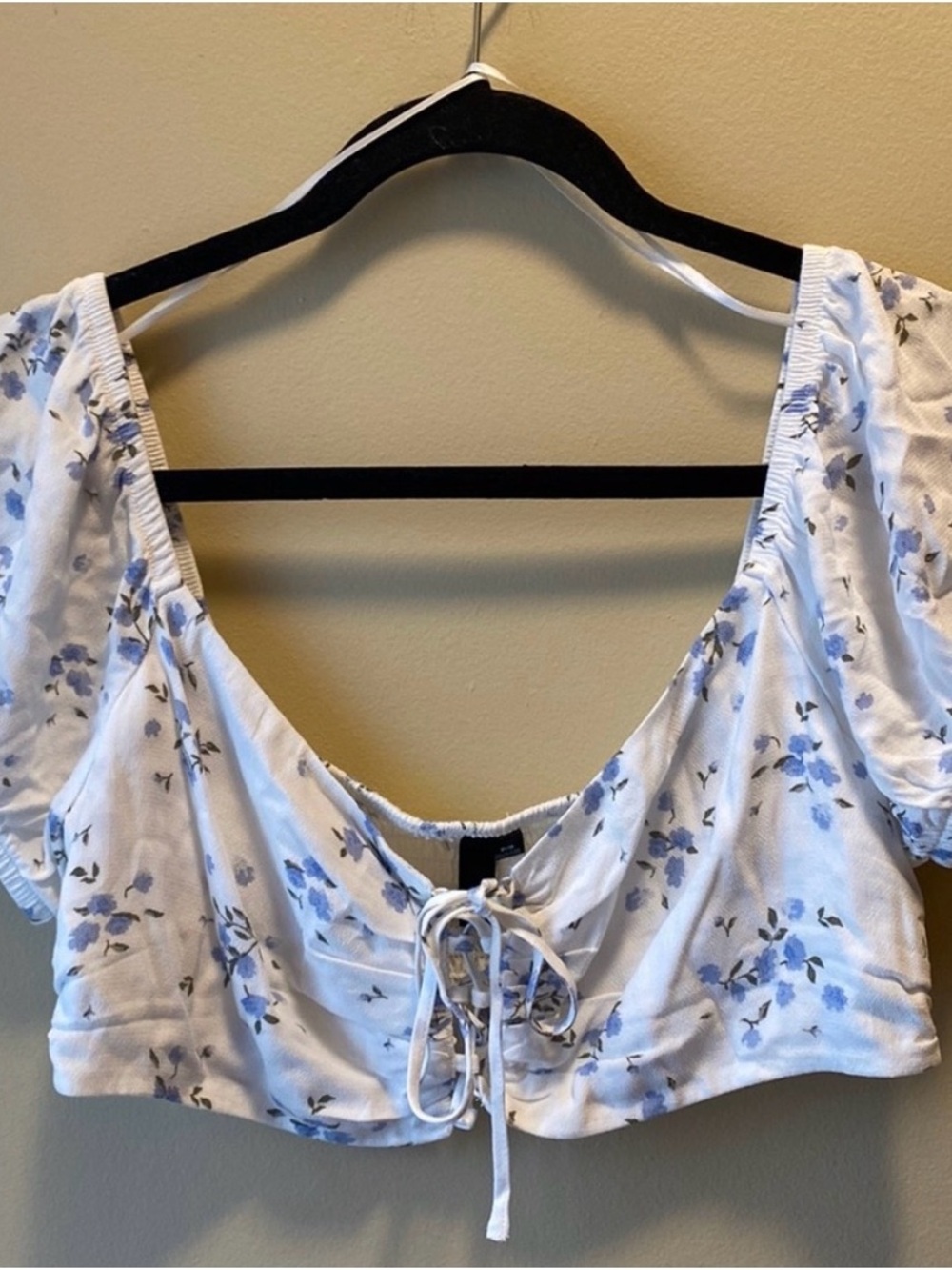 Garage White Crop Top with Light Blue Floral Tie Front